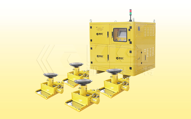 Walking-type synchronous pushing hydraulic system is used for the synchronous pushing of steel box girders and assembly of new and old bridges and the fine adjustment of large steel structures