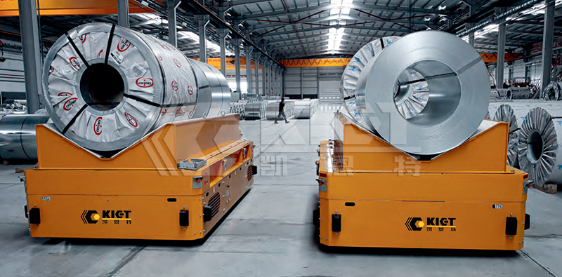 Intelligent heavy duty transfer vehicle is used for the transfer of steel coils in the steel plant's workshop